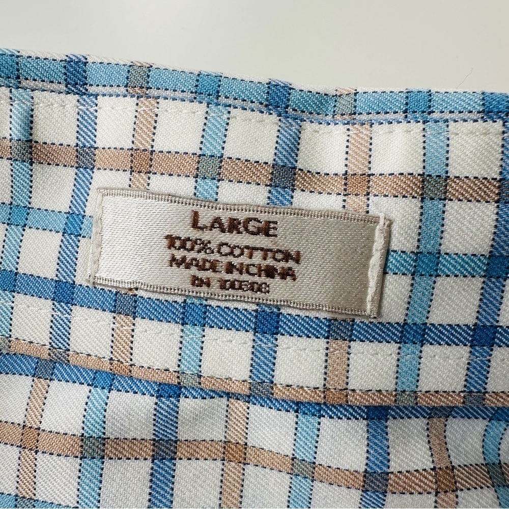 Peter Millar Mens Large Blue Brown Checkered Plaid Long Sleeve Button Down Shirt - Picture 7 of 9